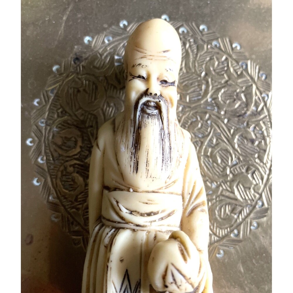 Vintage Resin Chinese Wise Man Figurine Okimono Style Statue 5.5” Wood Base